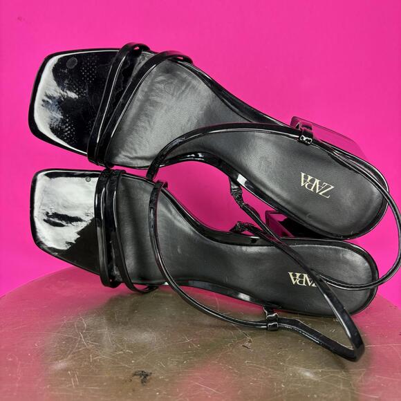 Zara Patent Black Strappy Square Toe Heeled Sandal Sz 39 - Picture 8 of 8